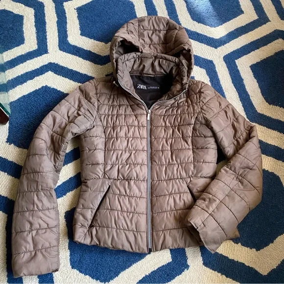 🍂 ZARA TAUPE HOODED PUFFER JACKET! - Picture 7 of 16